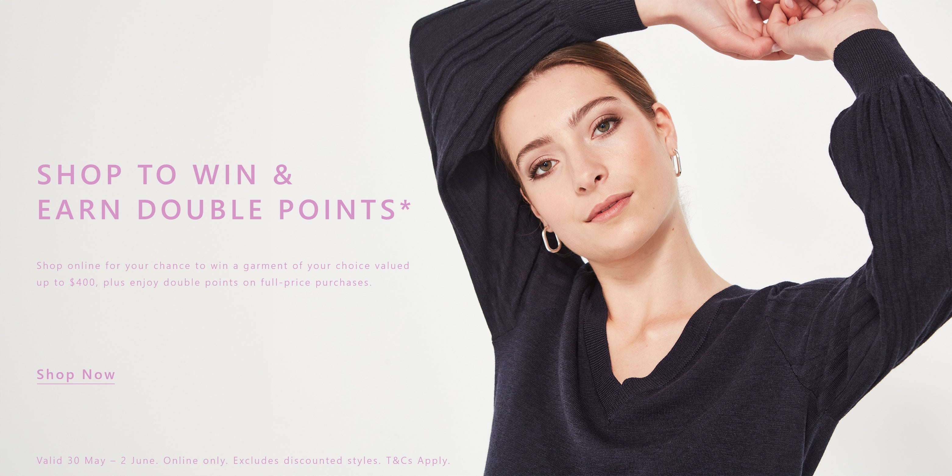 Woman wearing a black long-sleeve top by Verge with promotional text on a light gray background