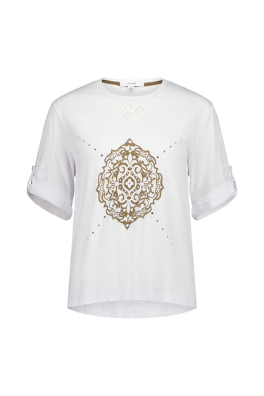 A white short-sleeve t-shirt by Verge with a gold mandala pattern printed on the front, displayed on a clean white background.