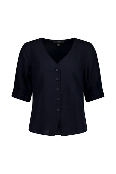 A dark navy blue short-sleeve cardigan top with a V-neckline and a button-up front by Verge, displayed against a solid white background.