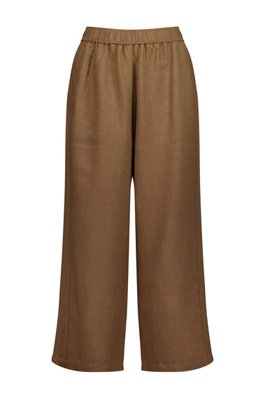 A pair of wide-leg cropped pants by Verge in a solid medium brown color, featuring an elastic waistband, shown against a plain white background.