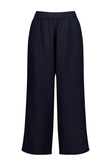 A pair of dark navy wide-leg cropped pants by Verge with an elastic waistband, shown against a plain white background.