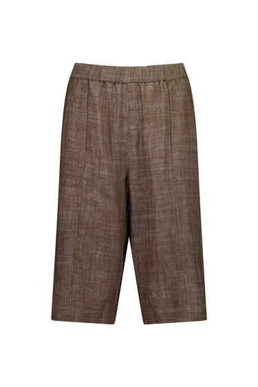 A pair of brown textured linen shorts by Vergewith an elastic waistband, shown flat on a white background.