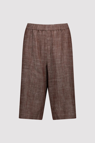 A pair of brown textured wide-leg cropped shorts by Verge with an elastic waistband, shown against a plain white background.