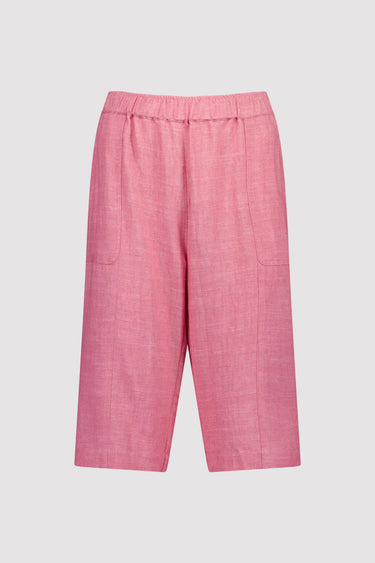 A pair of pink wide-leg cropped pants by Verge with an elastic waistband and side pockets, shown flat against a white background.