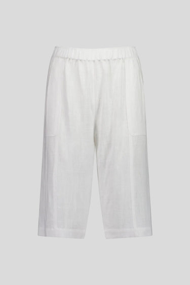White linen cropped shorts by Verge with an elastic waistband and side pockets, shown against a plain white background.