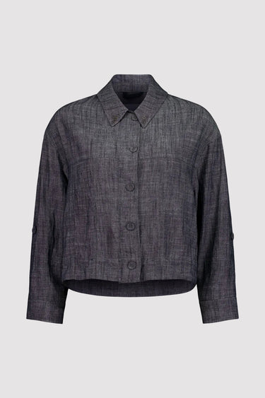 A dark gray textured linen jacket by Verge with a pointed collar and button-up front, displayed on a clean white background.