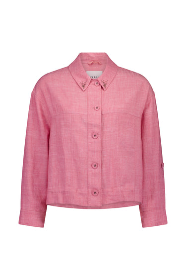 A pink textured linen button-up shirt jacket by Verge with a pointed collar and decorative embroidered details on the collar points, shown against a plain white background.