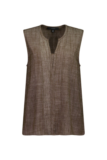A sleeveless brown linen tank top with a split V-neckline by Verge, photographed flat against a solid white background.