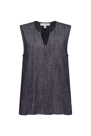 A sleeveless dark gray linen tank top with a split V-neckline by Verge, photographed flat against a solid white background.