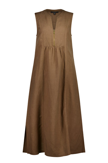 A sleeveless brown linen maxi dress by Verge with a front zipper, displayed on a clean white background.