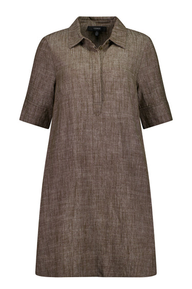 A short-sleeve collared shirt dress in a textured cocoa fabric, shown against a plain white background.