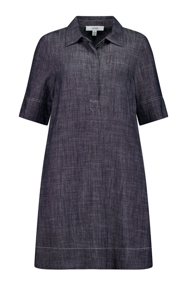 A short-sleeve collared shirt dress by Verge in a dark textured navy fabric, shown against a plain white background.