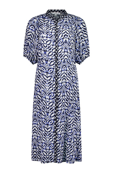 A short-sleeved midi dress by Verge with a blue and white abstract wavy pattern, featuring a high collar and puff sleeves, shown against a plain white background.