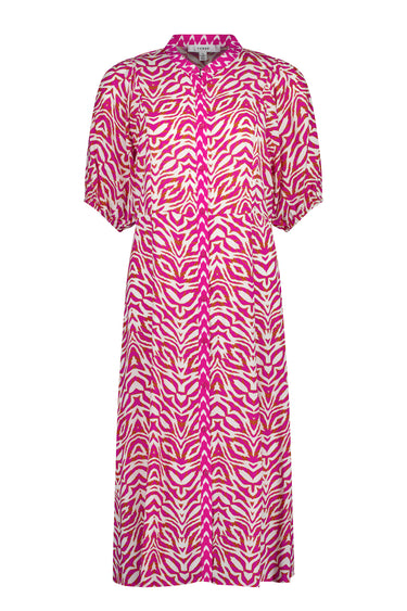 A short-sleeve midi shirt dress by Verge  with a vibrant pink, white, and yellow geometric wavy pattern, shown against a plain white background.