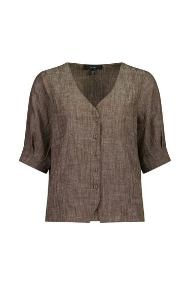 A brown textured linen blouse by Verge with a V-neckline, short puff sleeves, and a button-up front, shown against a plain white background.