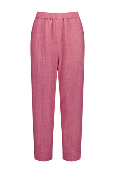 A pair of women's cropped trousers by Verge in a textured, heathered dusty rose pink fabric, featuring an elastic waistband and a straight, relaxed leg, shown against a plain white background.