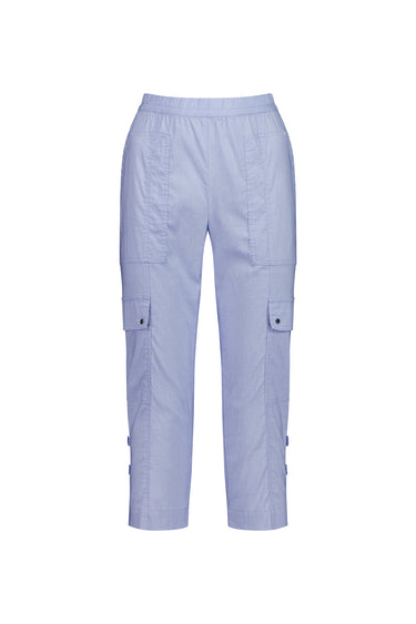 Light periwinkle cargo pants by Verge with side flap pockets and button details, shown against a plain white background.
