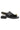 A black leather thong sandal with a low block heel, adjustable ankle strap with a gold buckle, and a gold heart-shaped embellishment on the toe strap, shown against a plain white background.