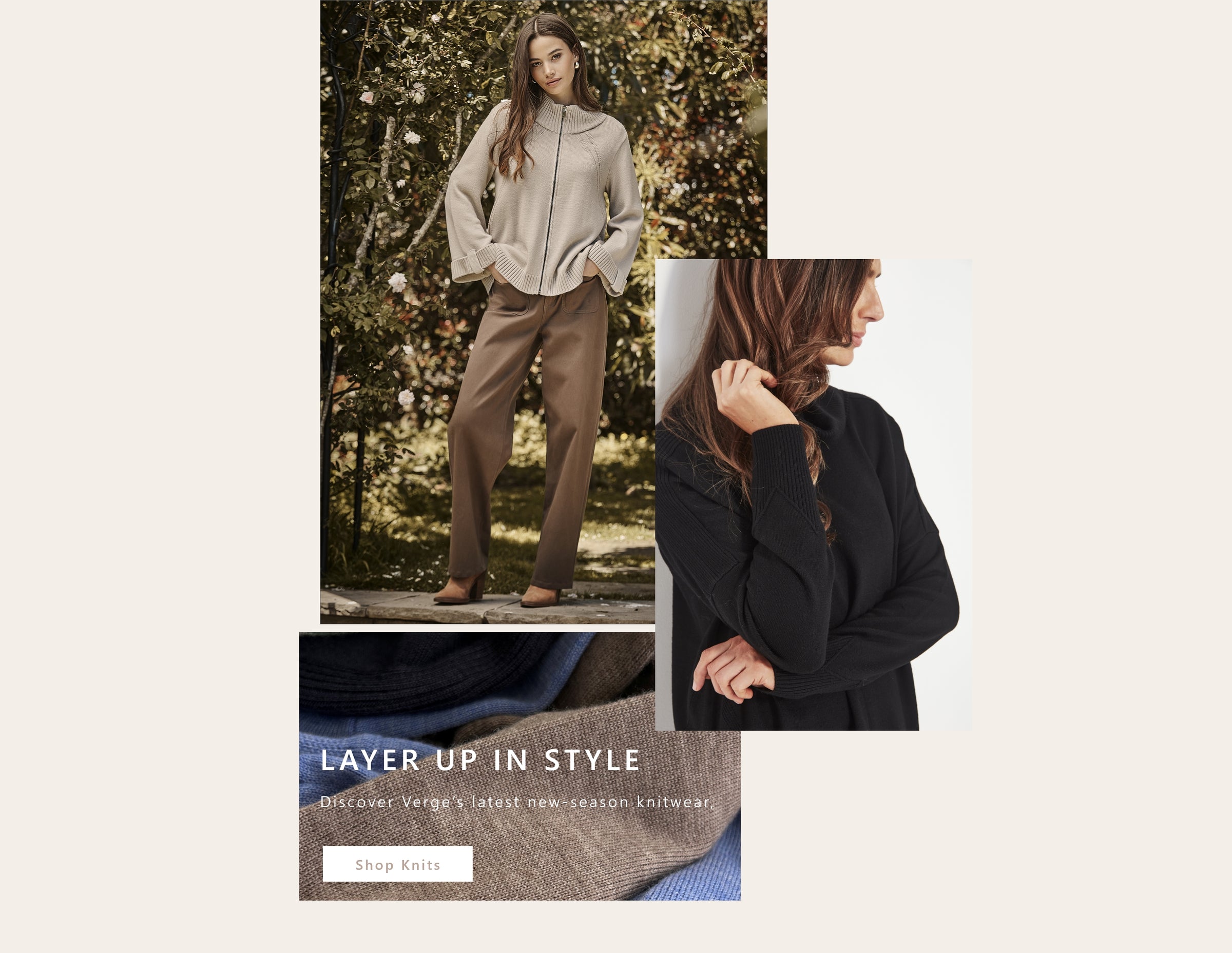 Promotional image for knitwear with a woman wearing a beige sweater and brown pants by Verge in the outdoors, and another person in a black coat by Verge indoors.
