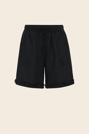 Black drawstring shorts by Verge with a ruffled hem, shown flat against a plain white background.